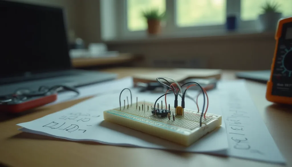 Montaje de un amplificador operacional en una protoboard junto a un multímetro y componentes electrónicos.