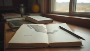 Cuaderno de historia con un mapa dibujado sobre Aridoamérica junto a un paisaje seco