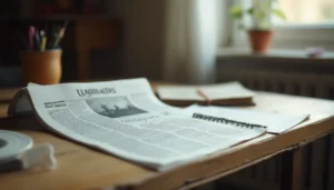 Mesa de estudio con una noticia y apuntes sobre sus partes principales