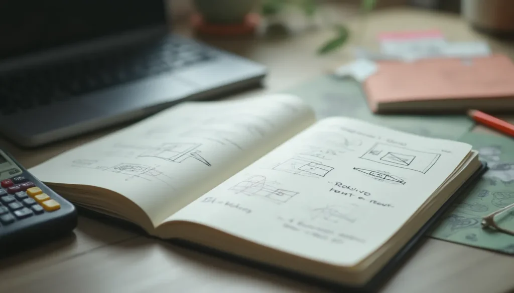 Cuaderno de física con esquemas sobre movimiento, luz y electricidad junto a una calculadora.