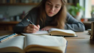 Apuntes de lengua y literatura sobre enunciador y enunciatario en una mesa de estudio.