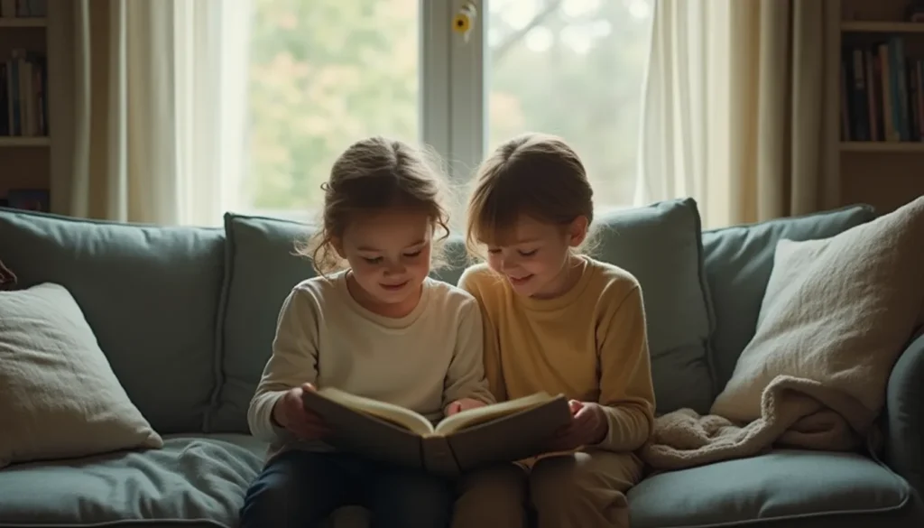 Adulto y niño comparten un álbum ilustrado en el sofá de casa.