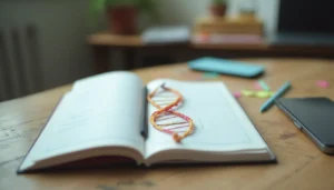 Mesa de estudio con un modelo sencillo de ADN, un cuaderno de biología y material escolar.
