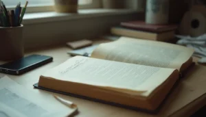Mesa de estudio con diccionario, apuntes y cuaderno sobre misantropía y análisis literario.