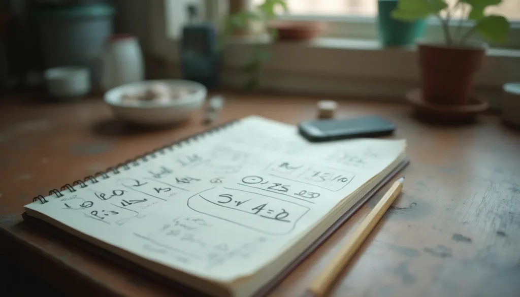 Cuaderno con ejercicios de múltiplos de seis, lápiz y fichas sobre una mesa.