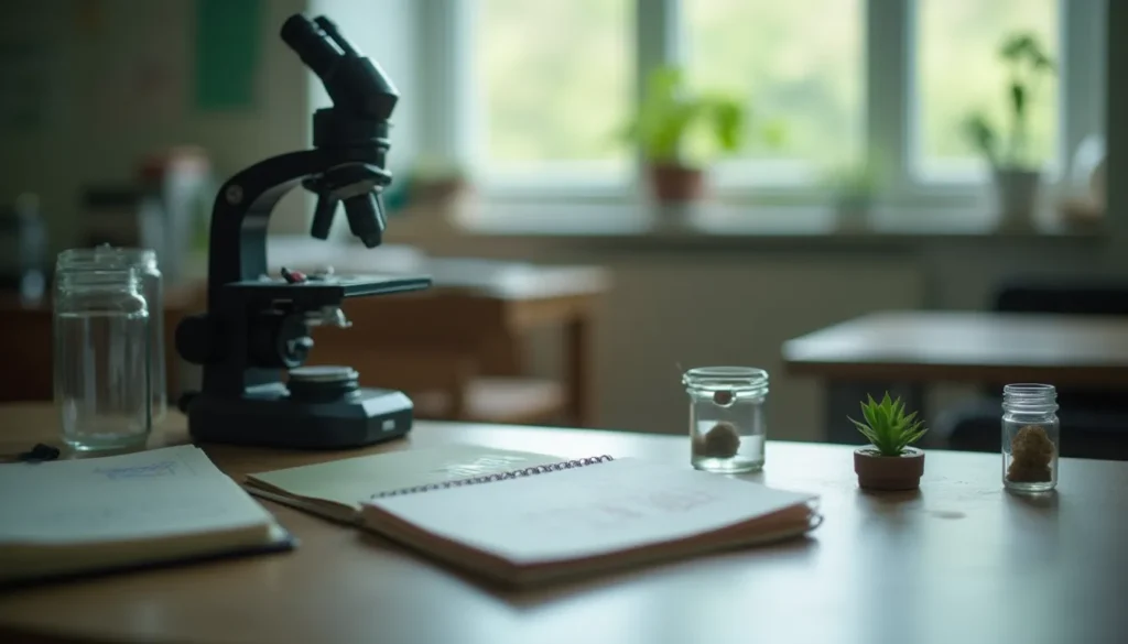 Microscopio óptico sobre una mesa de laboratorio junto a portaobjetos y una muestra vegetal
