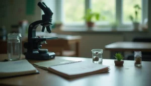Microscopio óptico sobre una mesa de laboratorio junto a portaobjetos y una muestra vegetal