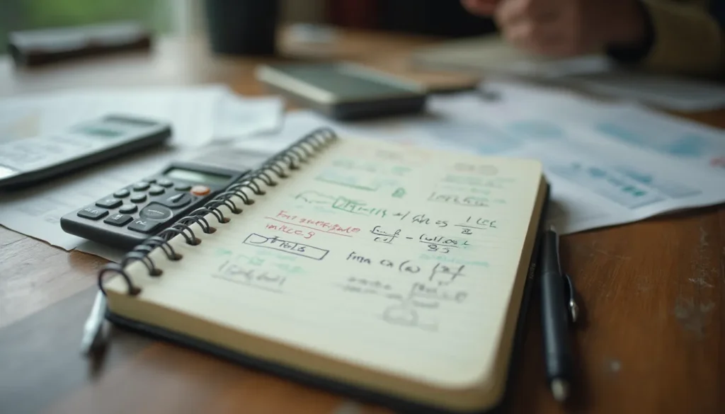 Cuaderno con fórmulas de depreciación acumulada, calculadora y tablas contables sobre un escritorio.