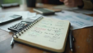 Cuaderno con fórmulas de depreciación acumulada, calculadora y tablas contables sobre un escritorio.