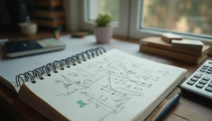 Cuaderno de física con esquemas de ondas, átomos y movimiento sobre una mesa de estudio.