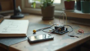 Proyecto educativo con un sensor de temperatura conectado a una placa sobre un escritorio.